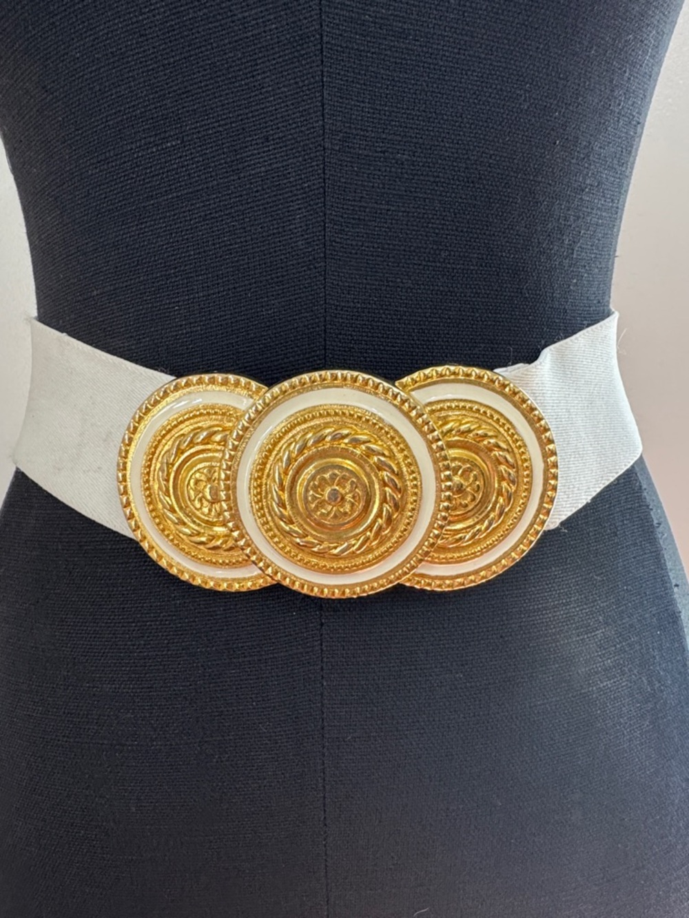 Vintage Nan Lewis White Stretch Belt with Triple Gold Medallions